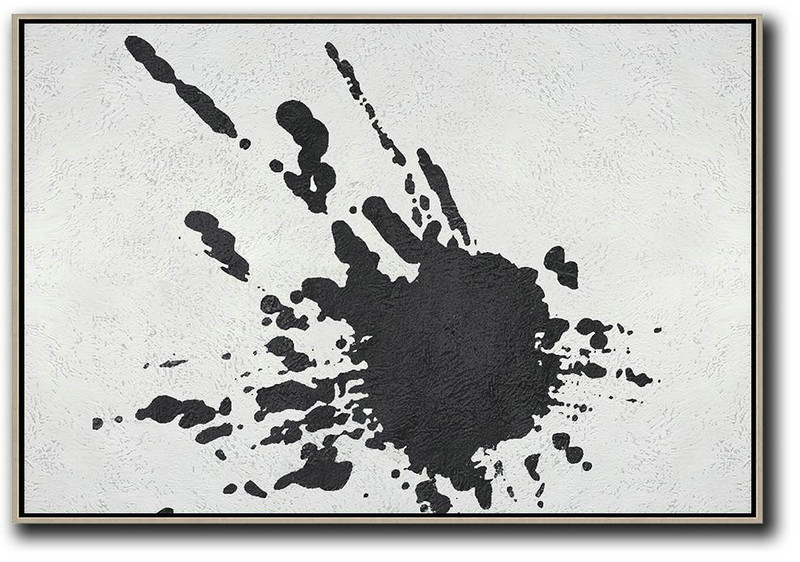Large Living Room Decor,Oversized Horizontal Minimalist Splash Art On Canvas, Black And White Minimalist Painting - Modern Art Abstract Painting